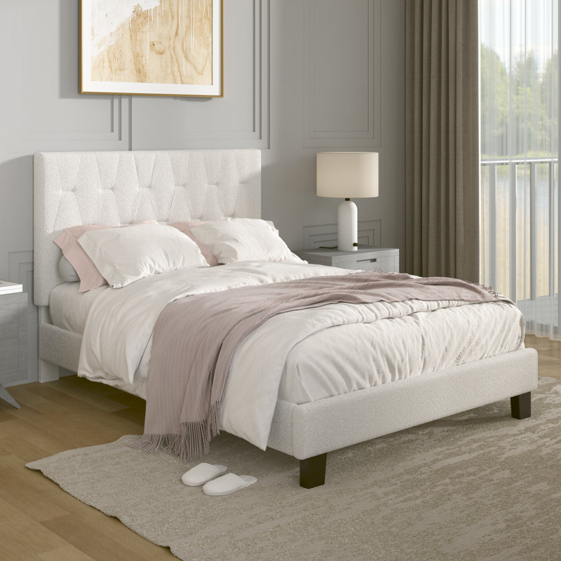 Lit plateforme tapissier en bois avec tête de lit Teddy, Grand lit, Blanc