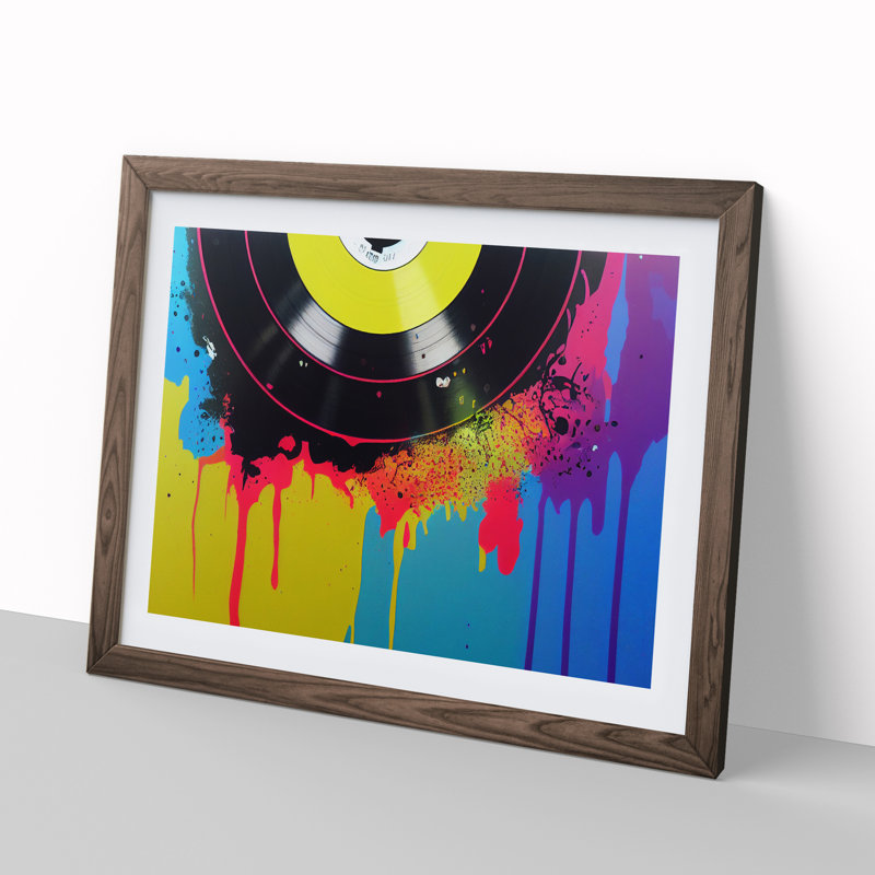 XH1022-9666X Vinyl Record Splash Abstract - Single Picture Frame Painting, 46cm H x 64cm W x 2cm D, Walnut