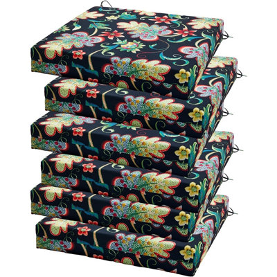 Coussins de chaise d'extérieur avec attaches, coussins de siège résistants à l'eau, mousse haute densité, motif floral noir