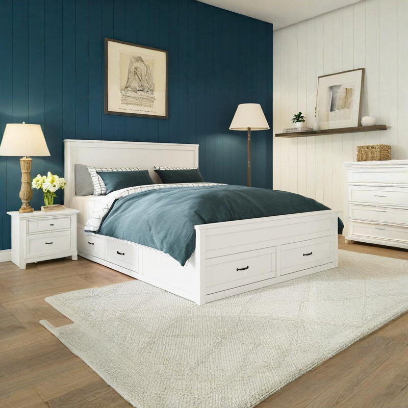 Grand lit avec rangement en bois, Blanc