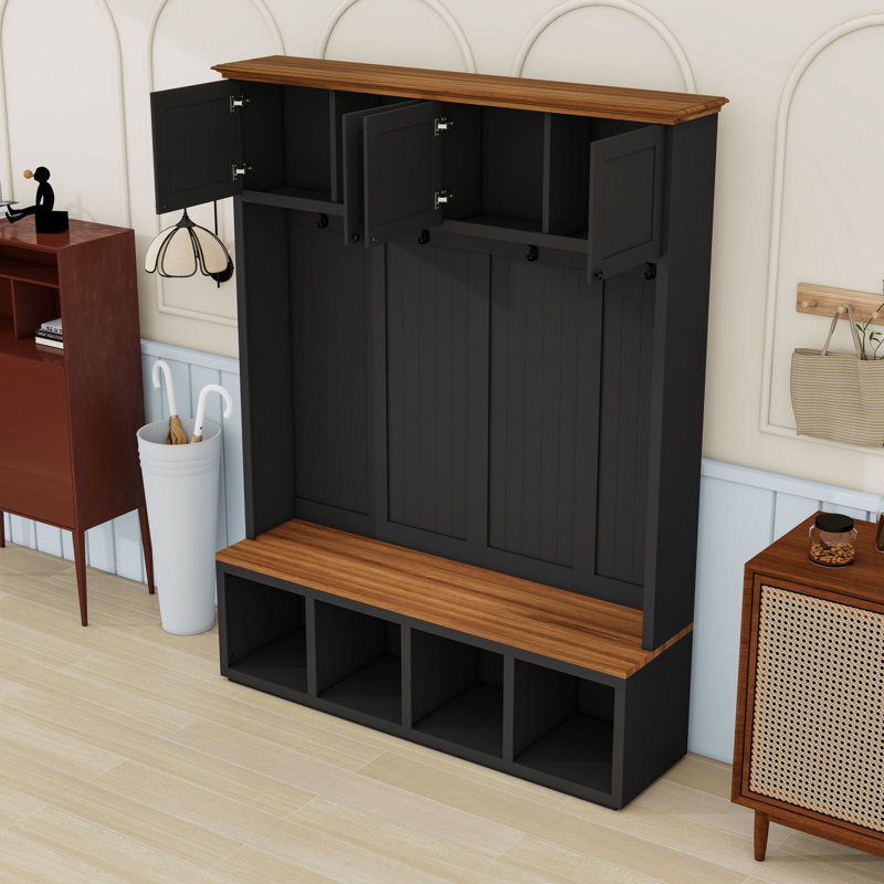 4-in-1 Hall Tree with Bench, Hooks and Cabinets, Black