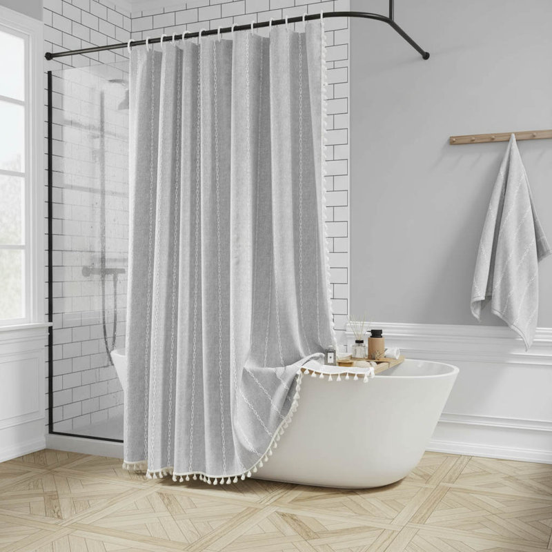 Boho Farmhouse Tassel Shower Curtain, Grey