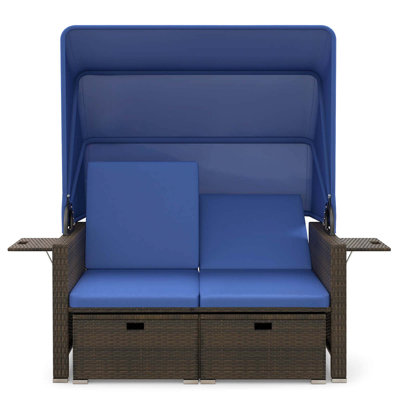 Rattan Daybed w/ Adjustable Backrests & Retractable Canopy for Patio