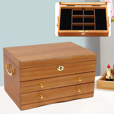 3-Layers Large Capacity Wooden Jewelry Box W/ Safe Lock