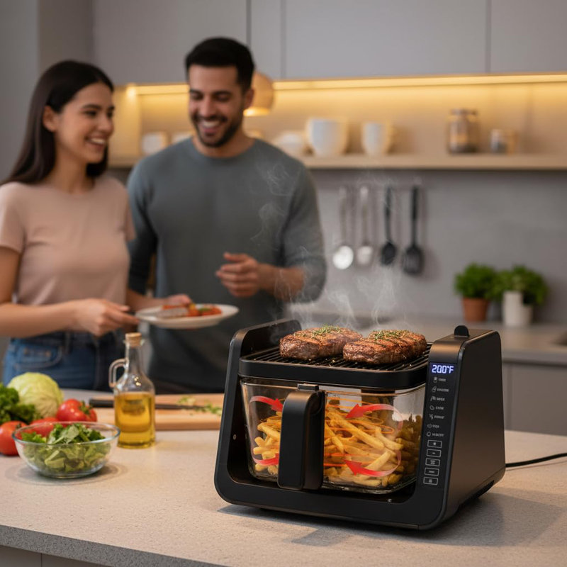 Nutrichef 1500W Electric Air Fryer & Grill With 4L Glass Pot, 7-In-1 Functions, Large Digital Control Panel, Timer, Temperature Display, And Safety Microswitch (Black)