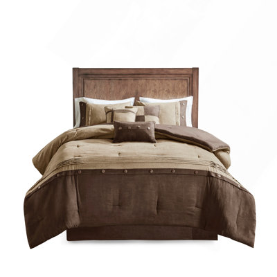 Cal King 7 Piece Comforter Set Faux Suede Comforter Set, Brown, Lodge Style With Decorative Buttons And Pillows