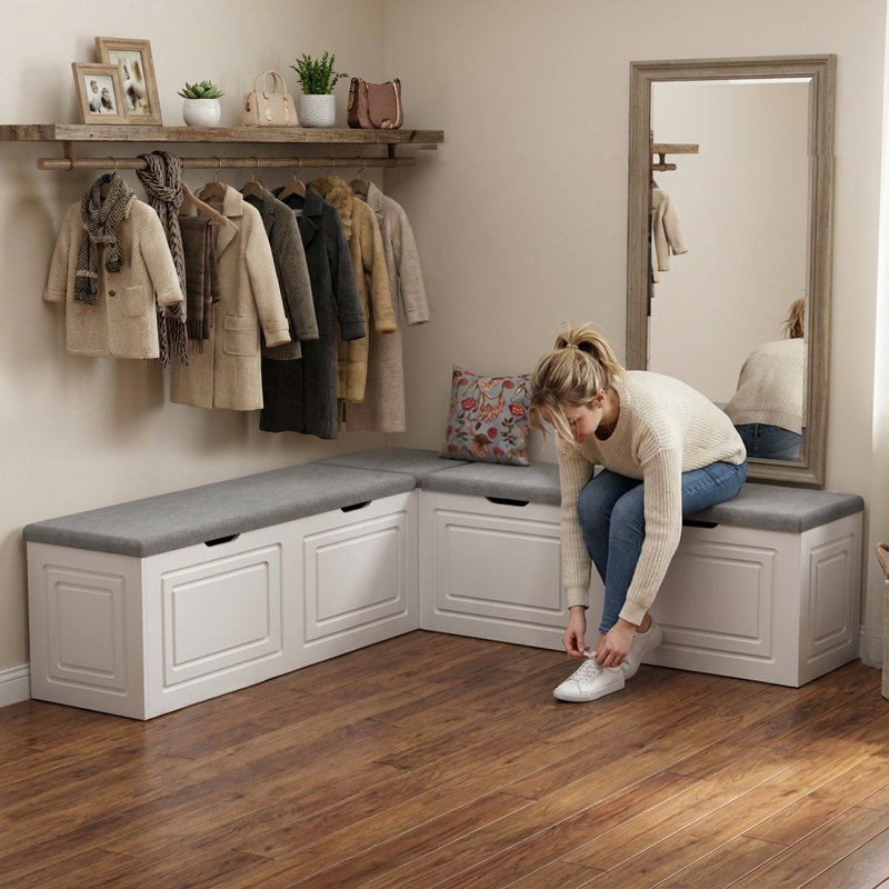 Banc de rangement en L avec siège rembourré et compartiments cachés - Banc d'angle de 63 po pour la salle à manger, entrée (blanc / gris)