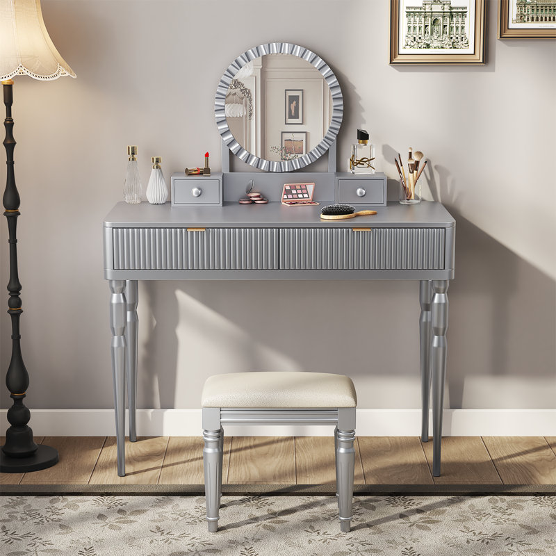 Bureau de coiffeuse de luxe avec miroir rond, hauteur réglable, ensemble de coiffeuse, 4 tiroirs et tabouret, argent