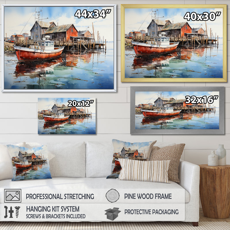 Port Portside Reflection Pointillism I sur impression sur toile, H 12 po x l 20 po x P 1 po, Encadrement doré