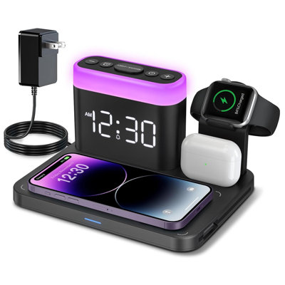 Magnetic Wireless Charging Station With Alarm Clock & Night Light - 5-In-1 Desktop Organizer For Iphone, Iwatch, Airpods, Fast Charging, 7 Colors, Bedside & Desk Use