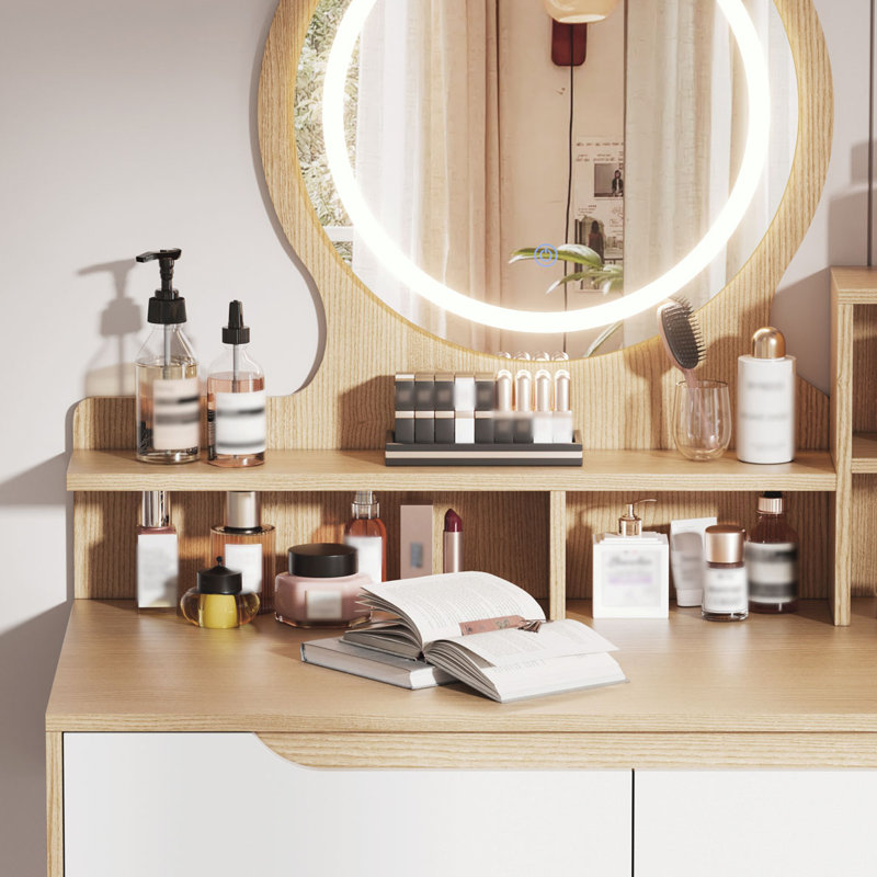 Bureau de maquillage avec 3 miroirs réglables à DEL, 4 tiroirs et 3 tablettes