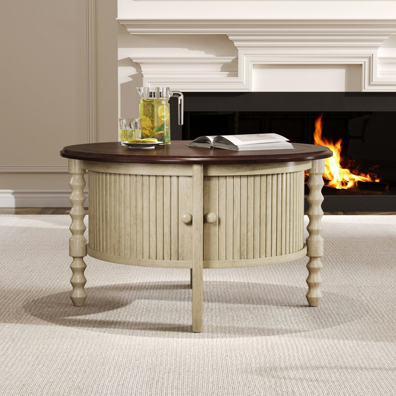 Table basse vintage rétro avec rangement à porte coulissante, design Mid-Century moderne pour les petits salons, Blanc