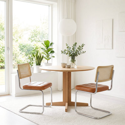 Chaise de salle à manger cantilever en cuir rembourrée de 19,3 po de hauteur avec cadre en acier et dossier en rotin (ensemble de 2)