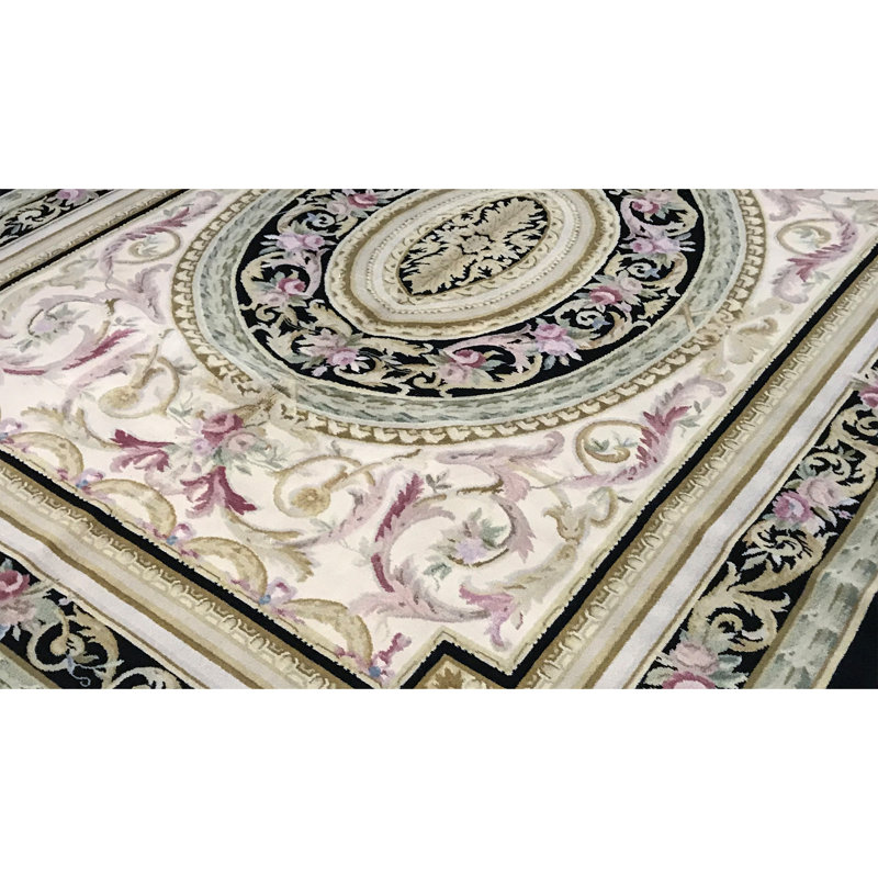 Tapis ivoire et noir noué à la main de haute qualité
