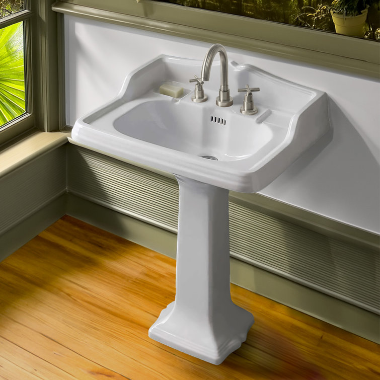 Whitehaus Collection 26" Traditional Pedestal With Large Rectangular Bowl, Backsplash, Dual Soap Ledges, Decorative Trim and Overflow