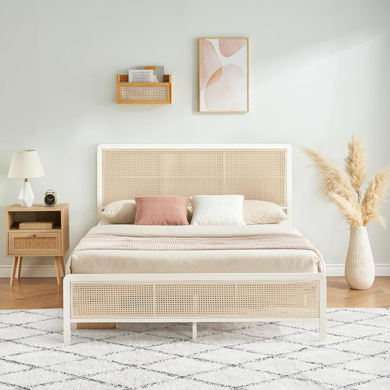 Rattan Bed Frame, Boho Style Headboard & Heavy Duty Steel Slats, No Box Spring Needed Metal Platform Bed, Full