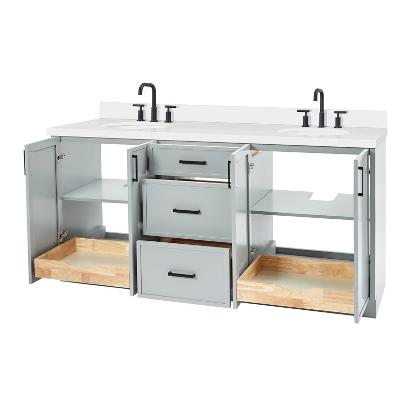ARIEL Kelly 73 Double Sink Bathroom Vanity with Pure Quartz Top, Gray, Oval, Pure White Quartz