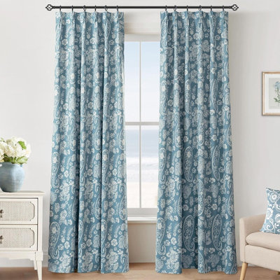 Dusty Blue Floral Coastal Blackout Curtains For Living Room & Bedroom – Light Blue And White Patterned Thermal Insulated Pinch Pleated Drapes, Vintage Beach-inspired Window Treatments