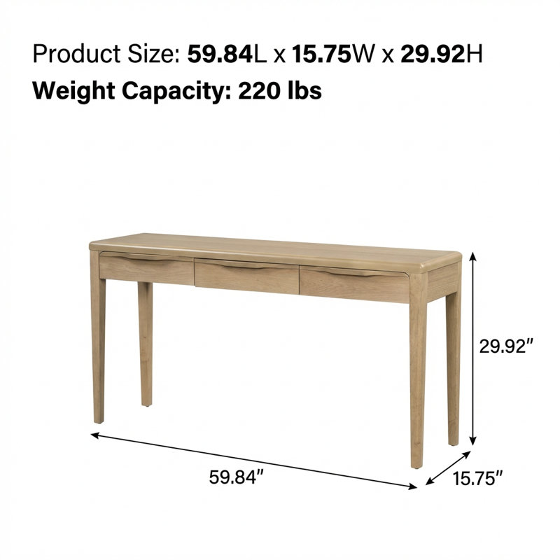 Elegant Light Luxury Console Table with Three Drawers and Oak Veneer Finish, Soft Rounded Corners, Natural