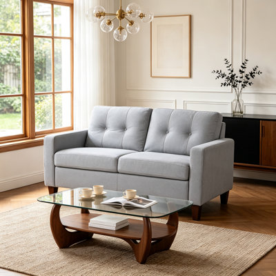54" Transitional Square Arm Loveseat with Button Tufting and Piped Trim, Polyester Upholstery, Light Gray