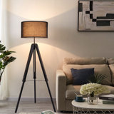 58'' Modern Adjustable Tripod Floor Lamp with Rubber Wooden Stand and Linen Drum Shade, Stylish Standing Lamp for Living Room, Bedroom, or Office