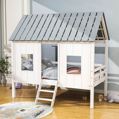 Twin Size Wood Loft House Bed With Roof And Windows