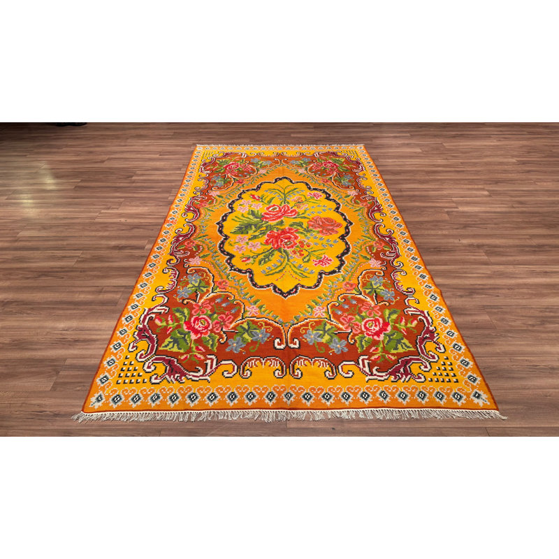 Tapis orange original en laine noué à la main à motif traditionnel