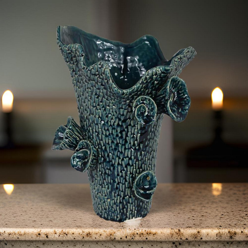 Kindal Vase with Barnacle Design And Floral Details, Ceramic Finish