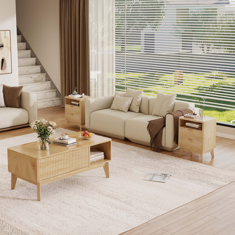 Ensemble de tables basses à plateau relevable avec 2 tables de bout, table basse naturelle et tables d'appoint avec station de charge