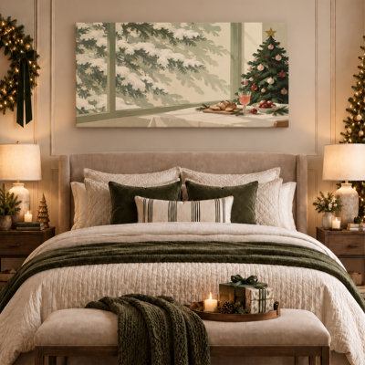 Snowy Pine Branches Outside Window With Tree And Christmas Canvas Wall Art