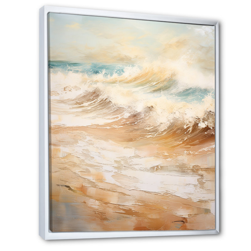 «Golden and Blue Beach Tranquility - Nautical & Beach», reproduction sur toile, Cadre flottant blanc