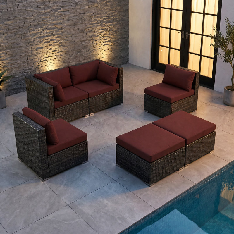 Ensemble de canapé modulaire d'extérieur en osier avec repose-pieds, ensemble de conversation à assise profonde avec coussins