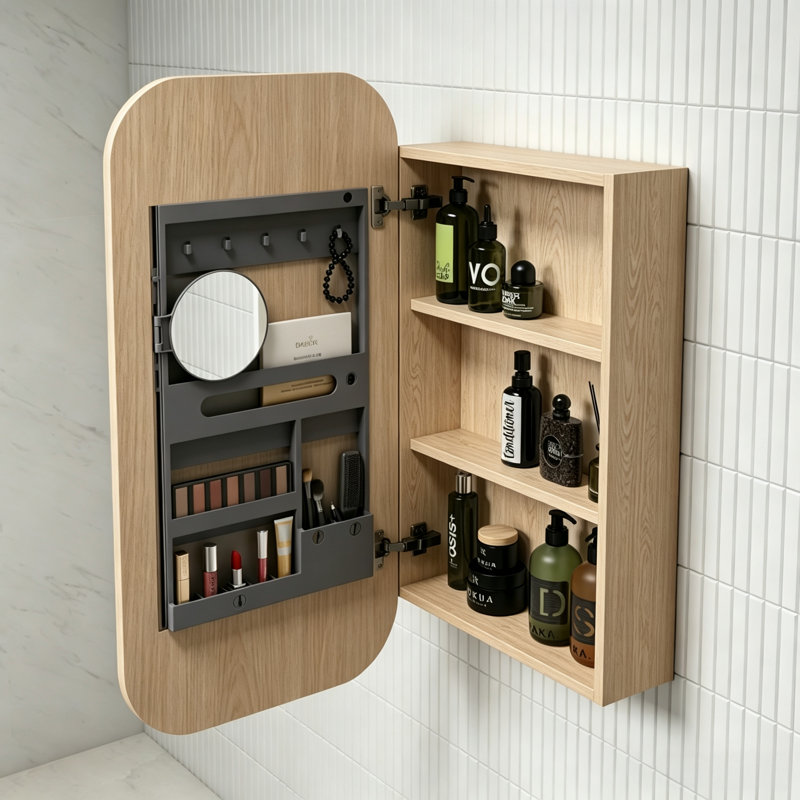 Armoire de rangement de salle de bain H 35 "avec miroir | Armoire à pharmacie pré-assemblée de couleur chêne, Chêne naturel