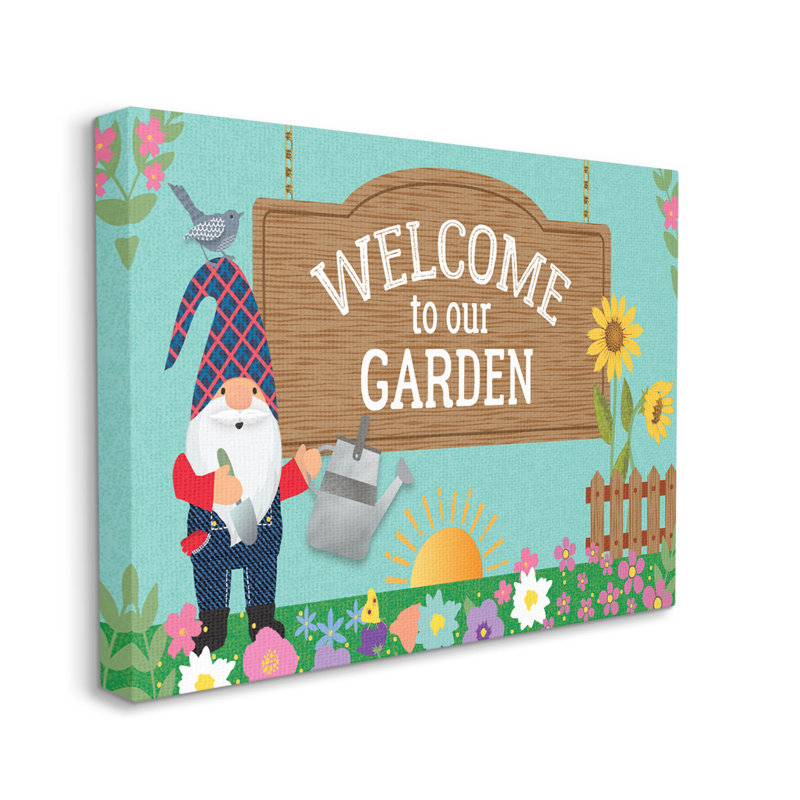 Welcome To Our Garden, gnome, estampe numérique par Linda Birtel, H 24 po x l 30 po x P 1,5 po