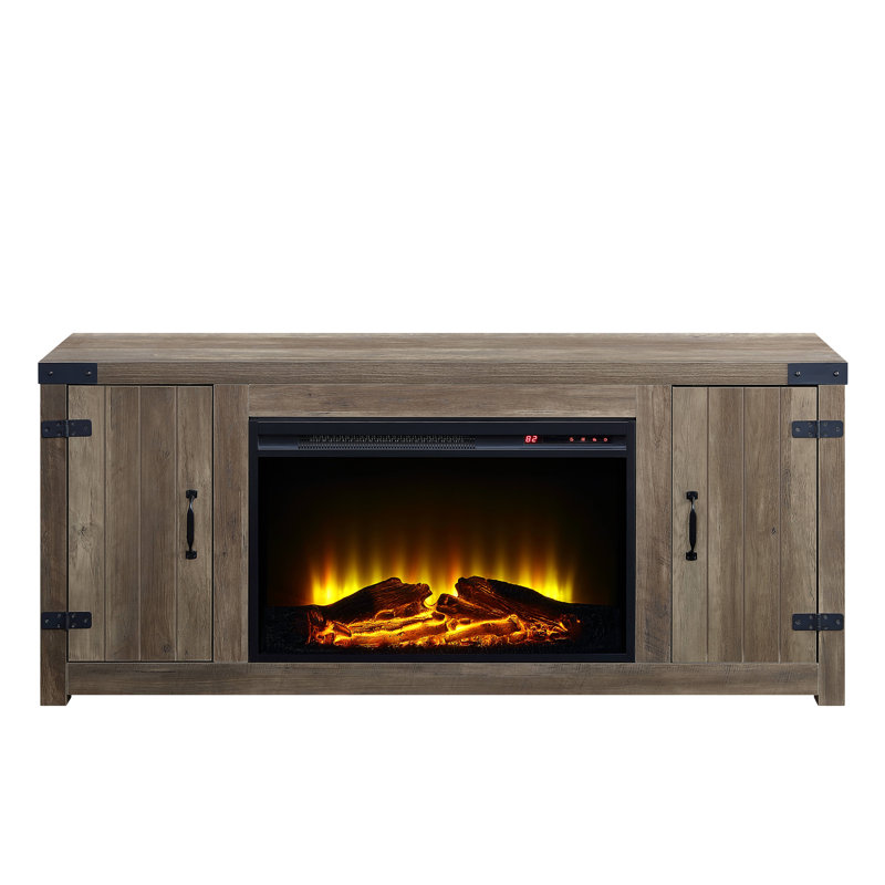 Console 55 po en bois massif brun avec foyer électrique à deux portes avec compartiments de rangement