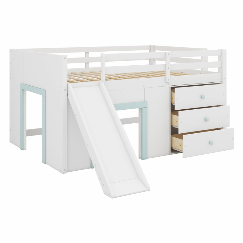 Low Loft Bed With Slide,Three Storage Drawers And Two Doors