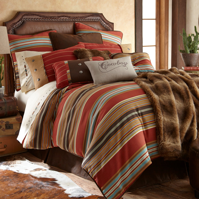 Calhoun Orange Brown Blue Striped Western Southwestern Comforter Set, Twin