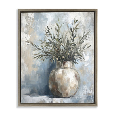 Potted Olive Branches Brown Framed Floater Canvas Wall Art by Ramona Murdock