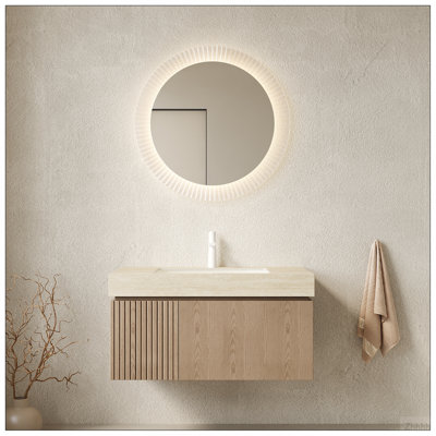 Meuble-lavabo de salle de bain 36 po MURI, armoire de rangement flottante en contreplaqué avec tiroir et porte, plateau en pierre frittée en travertin Roma et lavabo en céramique avec 1 trou de robinet pré-percé, pré-assemblé, grain de bois Heidelberg