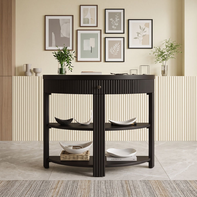Console cannelée demi-lune avec tiroir et tablettes, Noir