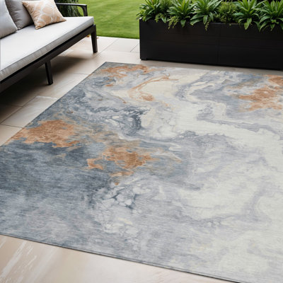 Tapis intérieur/extérieur lavable, gris et rouille, à motifs abstraits, 152 x 244 cm