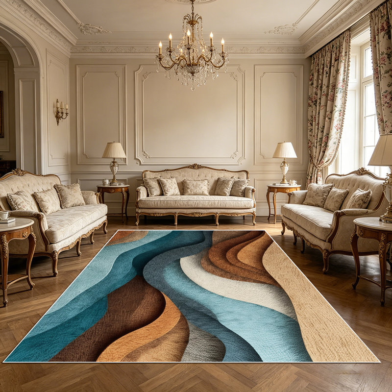 1PC Abstract Wavy Layered Terracotta Teal Neutral Modern area rugs for Living Room, Soft and Comfortable, easy-to-maintain, machine washable Indoor floor mat suitable for dining table area, bedroom, entryway, kitchen, home office, patio porch.