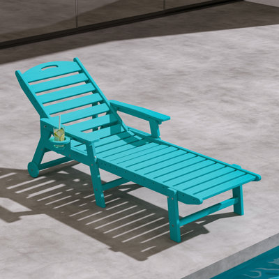 HDPE Outdoor Chaise Lounge, 5‑Position Adjustable Recliner with Rolling Wheels & Built‑In Cup Holder, Weather Resistant for Patio, Pool, Garden & Backyard