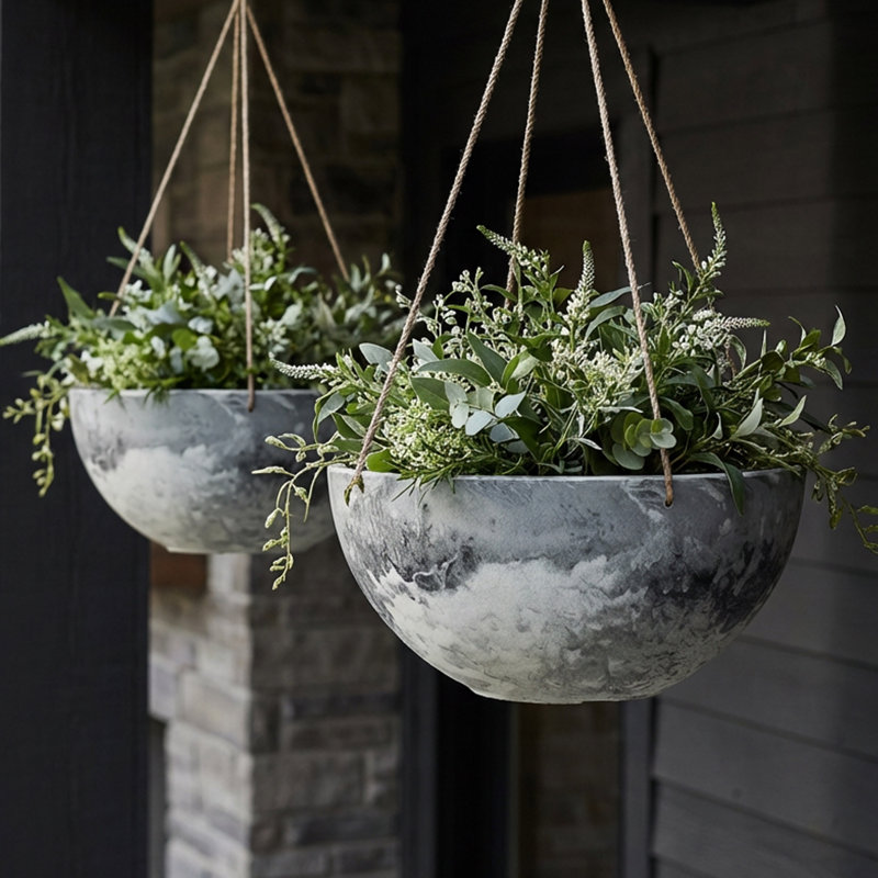 Ensemble de 2 pots à fleurs suspendus Algreen Algra (composite avec crochets en macramé, intérieur / extérieur), Gris