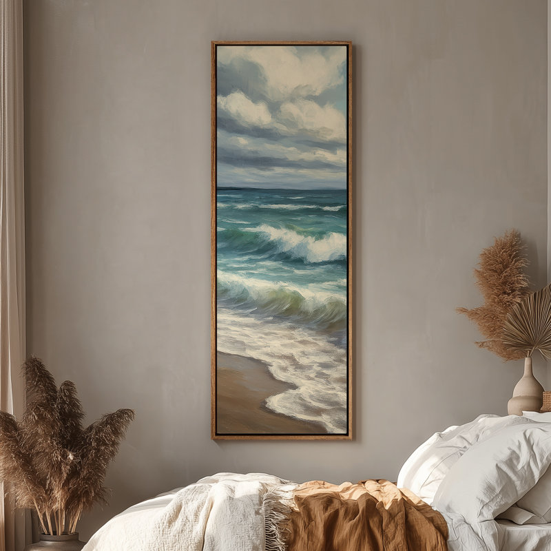 Grand art mural sur toile encadrée, vagues de plage et bord de mer ou impressions nautiques - 60 po x 20 po, Naturel