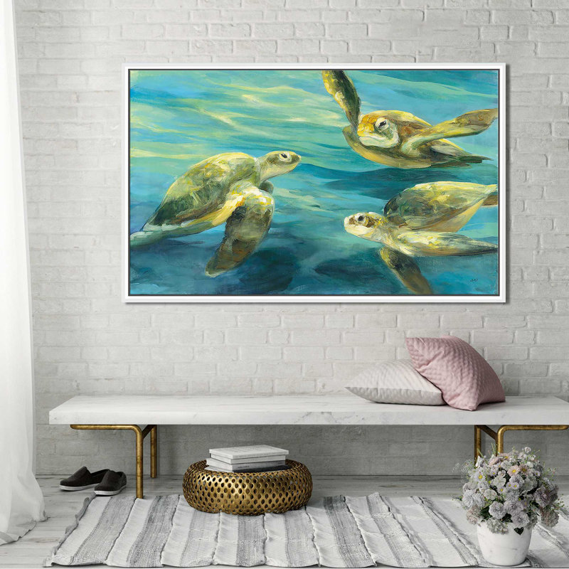 Tortues de mer par Julia Purinton - Peinture, Cadre flottant blanc, H 31,5 po x l 51,5 po x P 2 po