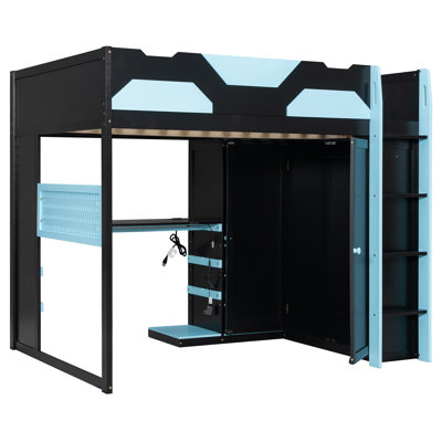 Lit mezzanine en bois moderne avec bureau, tablettes de rangement, garde-robe, éclairage RVB et ports de charge USB