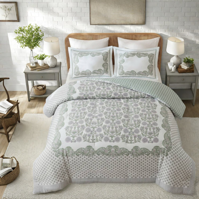Ensemble de literie vert, ensemble de couette florale en polyester pour chambre à coucher (grand lit/queen).