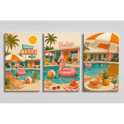 Large Set of 3 Retro Poolside Wall Art, Vintage Summer Motel Canvas Prints for Living Room Bedroom Decor, 16x24 Inch Canvas Print - Ready to hang