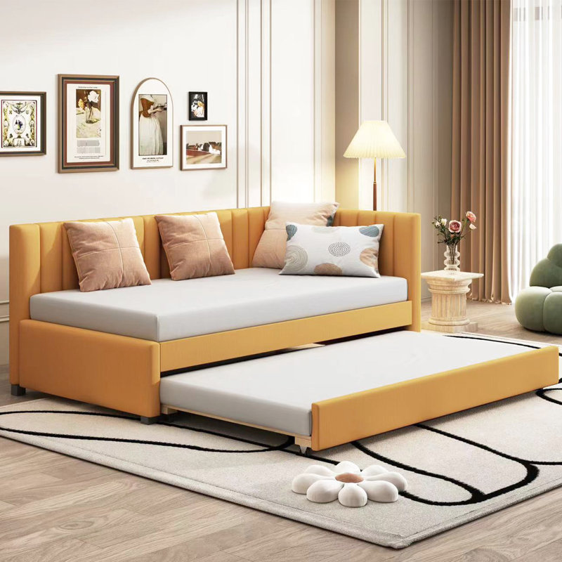 Twin Trundle Daybed With Linen Upholstery In Yellow, Construction, No Box Spring Size Bed Trundle, Upholstered Yellow Linen, Space Option